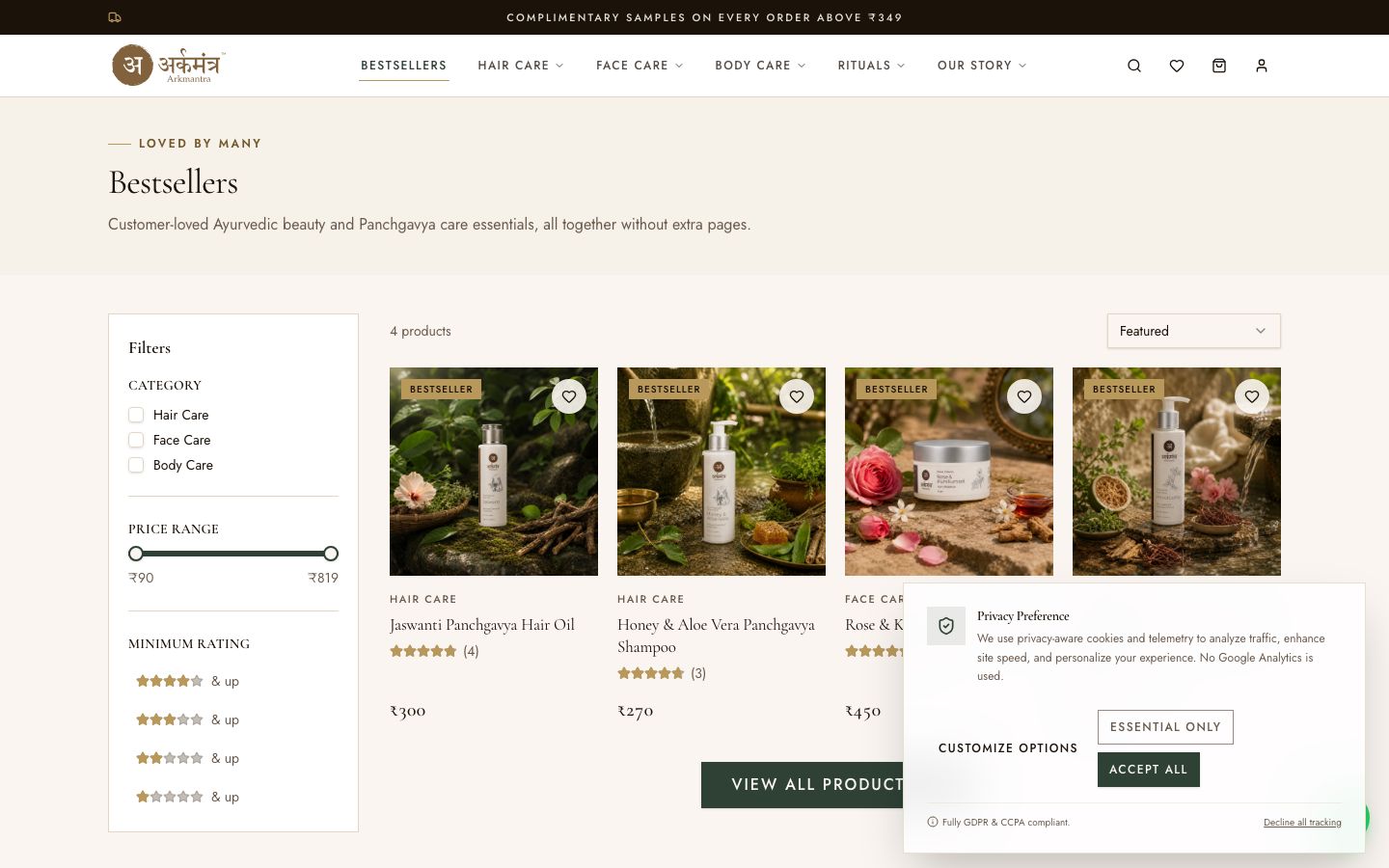Arkmantra — Ayurvedic Cosmetics E-Commerce — Shop — search, filters & coupons